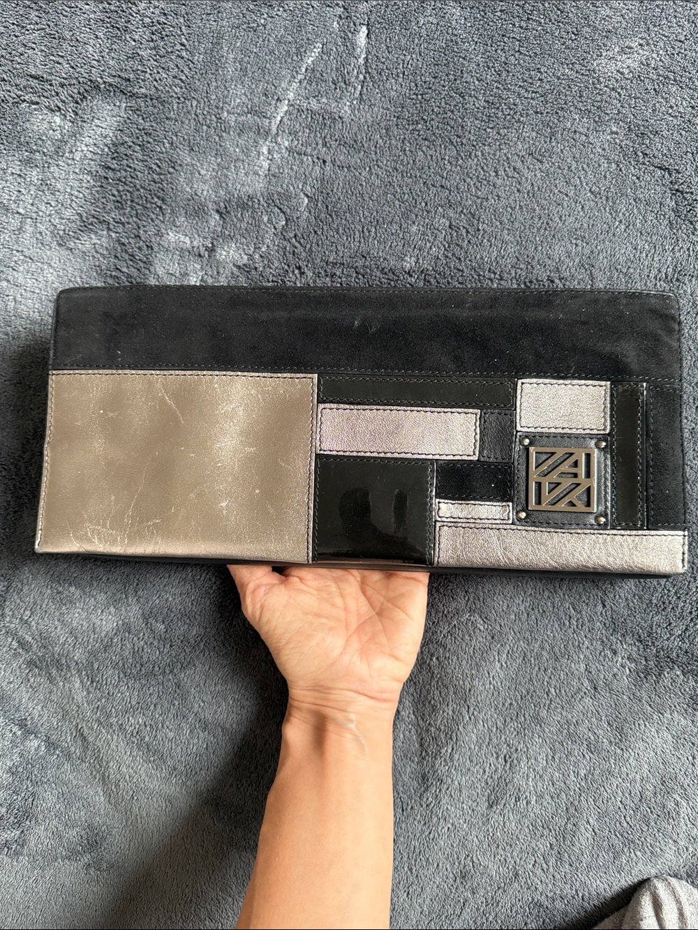 Anne Klein Genuine Leather and Suede Expandable East-West Clutch in Black